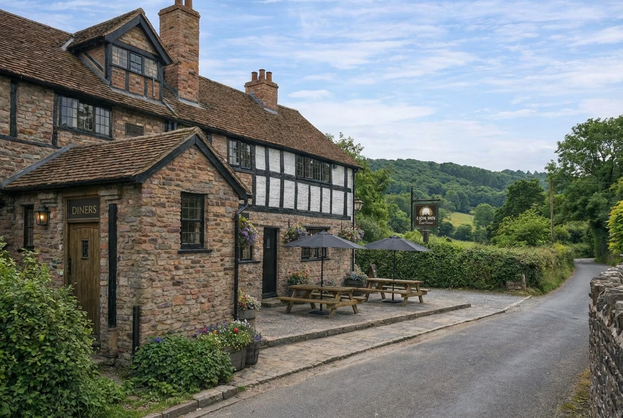 The Lion Inn Clifton upon Teme brand identity — exterior with signage, golden hour light