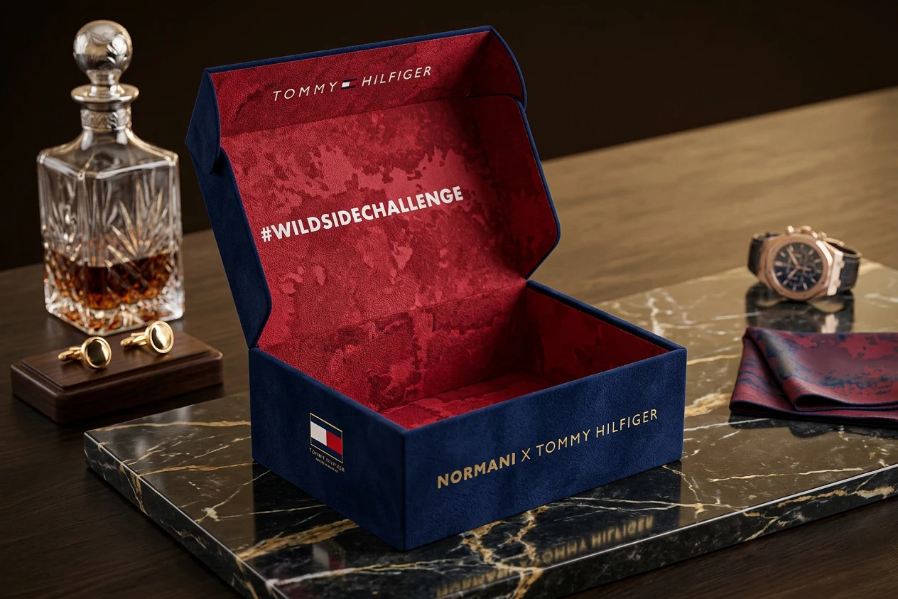 Tommy Hilfiger × Normani branded gift box — primary packaging, styled product photography